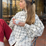 Kukombo Bow Plaid Shirt Bow Tie Bubble Sleeves Loose Breathable Stand Collar Long Shirts Women's Summer Coat Top Commute Casual Blouse ootd outfit idea