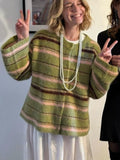 Kukombo Green Stripe Knitted Cardigan Street Trend Contrasting Color Sweater Coat Jacket Retro Women's Loose Wool Knitwear Top Autumn ootd outfit idea