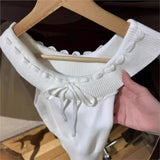 Kukombo Slash Neck Lace-up Chic Women T-shirts For Women 2025 Sweet Sexy Slim Knitted Summer Tshirt Y2K Street Tight Short Sleeve Tees