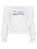 Kukombo Weekeep Casual Off-shoulder Hoodies White Long Sleeve Slash Neck Sweatshirt Y2k Letter Print Loose Women Clothing Autumn Ladies