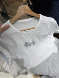 Kukombo Sweet Girls and Cats Embroidery T-shirt Women Summer Cotton O-neck Slim Short Sleeve Tees Cute Vintage Chic Top Y2K Tshirts New
