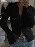 Kukombo Solid Rib V Neck Flare Sleeve Cardigan