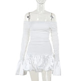Kukombo Sexy Backless Mini Dress Women's White Strapless Long Sleeve Evening Gown Elegant Slim Chic Pleated Short A-Pulse Dress