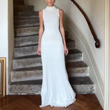 Kukombo Half Turtle Neck Knitted Dress Women's Sexy Sleeveless Solid Long Dress Tight Pleated High Waist Office Lady Long Dress