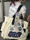 Kukombo Y2K Large Sticker Canvas Bag with Star Patches