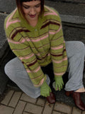 Kukombo Green Stripe Knitted Cardigan Street Trend Contrasting Color Sweater Coat Jacket Retro Women's Loose Wool Knitwear Top Autumn ootd outfit idea