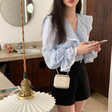 Kukombo Ruffles Blouses Women Lace Slim Bandage Sweet Ladies Temperament Princess Flare Sleeve Fashion Ulzzang Simple All-match Classic outfit inspo
