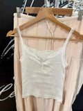 Kukombo Lace Trim Ribbed Slim Tank Tops Women 2025 New Summer Sleeveless Three Buttons Cotton Camis Sweet Girls Gray Basic Crop Top Y2k