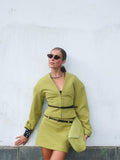 Kukombo Green V-Neck Shirt Short Skirt Set With Belt French Casual Slim Fit Long Sleeved Blouse Coat Half Skirts Women Dress Autumn New ootd outfit idea