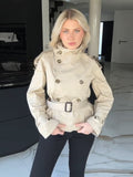 Kukombo Belts Double Breasted Jacket Women Casual Loose Stand Collar Long Sleeve Coat 2025 Spring Office Street All-match Lady Outwear ootd