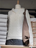 Kukombo Sweet Solid Twist Flower Buttons Slim Sweater Women New Pocket Hooded Long Sleeve Knitted Hoodie Vintage Preppy Style Sweaters