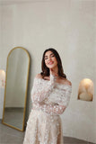 Kukombo Champagn Tulle Evening dresses Off the Shoulder A-line Vestidos De Fiesta Elegant Long Sleeves Ankle-length  فساتين سهرة