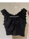 Kukombo Casual Women Ruffles V Neck Tank Tops 2025 Summer Cute Sleeveless Soft Cotton Slim Crop Top Female Vintage Sweet Bow Tops Chic