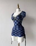 Kukombo Blue splicing color lace neckline small bubble sleeve on both sides of the bow tie tie decoration sexy hip skirt slim Y2K Punk ootd
