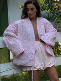 Kukombo Y-neck Lace-up Cotton Coat Pink Floral Padded Jacket Loose Sweet Casual Japanese Cardigan Cotton-padded Coats Lady Warm Overcoat ootd outfit idea