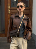 Kukombo Spring Outfits Vintage Leather Women Jackets Casual Brown Lapel Pockets Short Coats Long Sleeve Motorcycle Coat Autumn Female Street Outwear