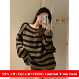 fall outfits 2024 2024 Loose Lazy Retro Thick Loose Striped Sweater Women's Spring and Autumn off-the-Neck Thick Sweater Top