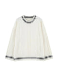 Kukombo Striped Trim Cable Knit Pullover Sweater