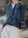Kukombo Solid Waffle Lapel Neck Cardigan