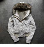 Kukombo Vintage Y2k Faux Fur Collar Zipper Hoodie Hip-hop Pattern Retro Punk Gothic Creamy-white Hoodie Clothes Street Design Jacket