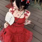 Kukombo Red Dot Spaghetti Strap Dresses Women Vintage Mini French Style Sweet Lace Fashion Age-reducing Girlish Casual Ulzzang Elegant outfit inspo