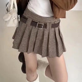 Kukombo Women Houndstooth Pleated Mini Skirt with Belt Woolen Plaid Skirt Teen-girl Fall Winter Y2K Outfit Spring Style 2025
