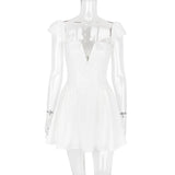 Kukombo Backless Pleated Mini Dress Women's Sexy Square Neck Sleeveless A-Line Dress White Patchwork High Waist Party Mini Dress