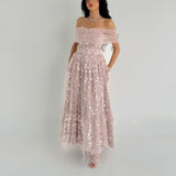 Kukombo Customized Sparkle Net Pleat Sequined A-line Off-the-shoulder Midi Dresses Homecoming Dresses Classic Exquisite Modern Style Pas (PRE-ORDER)