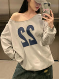 Kukombo 22 Graphic Print Sweatshirt Women 2025 Autumn Raw Hem Long Sleeve Slash Neck Pullover Cotton Vintage Streetwear Loose Hoodie Y2k