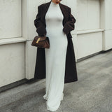 Kukombo Half Turtle Neck Knitted Dress Women's Sexy Sleeveless Solid Long Dress Tight Pleated High Waist Office Lady Long Dress