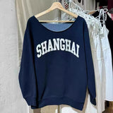 Kukombo Vintage New Letter Flag Embroidery Sweatshirt Women Autumn Slash Neck Long Sleeve Cotton Hoodie Fashion American Streetwear Top