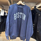 Kukombo BOSTON Letter Patch Embroidery Winter Sweatshirt Round Neck Retro Y2K Autumn Pullovers Top Harajuku Streetwear Navy Blue Hoodie