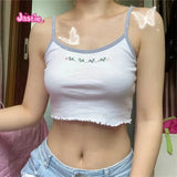 Kukombo Cute Floral Embroidery Crop Top Women Summer Sexy Slim Ruffles Hem Sleeveless Short Y2k Tops Vintage Casual Cotton Camis Blusas