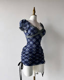 Kukombo Blue splicing color lace neckline small bubble sleeve on both sides of the bow tie tie decoration sexy hip skirt slim Y2K Punk ootd