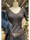 Kukombo Women's Brown Striped Cotton T-Shirt V Neck Slim Long Sleeve Tee Tops Female Streetwear Vintage Y2K Spring Autumn Woman Tshirt