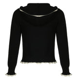 Kukombo Black Lace Trim Knitted Sweater Cardigan Women Autumn Winter New Coat Sweet Basic All-Match Fashion ootd