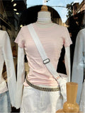 Kukombo Sweet Pink Striped Short Sleeve Tees Women New Casual Slim O-neck Tshirts Tops Female Cute Preppy Style Streetwear T-shirts Y2K