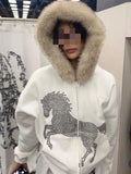 Kukombo Outfit Zip Up Hoodie Winter Women Clothes Casual Rhinestone White Coat Punk  Hoodies Femme Aesthetic Vintage Jackets Gothic Y2k Tops