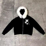 Kukombo Valentine's Day Aesthetic Y2K Harajuku Retro Aesthetics Womens Men Fur Collar Cardigan Sweatshirt Goth Punk Rock Hip Hop Aesthetic Hoodie Print Streetwear