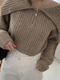Kukombo Solid Big Lapel Neck Half Zip Sweater
