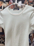 Kukombo Sweet Pink Striped Short Sleeve Tees Women New Casual Slim O-neck Tshirts Tops Female Cute Preppy Style Streetwear T-shirts Y2K