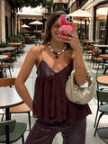 Kukombo Leather Patchwork Halter Top V-Neck Backless Vest Pleated Loose Casual Camisole Beach Bikini Suspender Waistcoat Women's Clothes ootd outfit idea