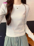Kukombo Women's Brown Striped Cotton T-Shirt V Neck Slim Long Sleeve Tee Tops Female Streetwear Vintage Y2K Spring Autumn Woman Tshirt