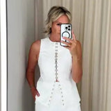 Kukombo Single Breasted Metal Button Waistcoat Trouser Suits High Neck Suit Fabric Sleeveless Vest Top With Slight Flared Hem Pant Set ootd outfit idea