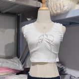 Kukombo Casual Women Ruffles V Neck Tank Tops 2025 Summer Cute Sleeveless Soft Cotton Slim Crop Top Female Vintage Sweet Bow Tops Chic