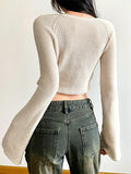 Kukombo Butterfly Pointelle Lacing Trumpet Sleeve V Neck Cardigan