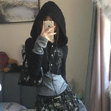 Kukombo Outfit Aesthetic Hoodies Gothic Top Women Clothing Zip Up Rhinestone Slim Oversized Hooded Punk Sexy Korea Sweatshirt Kawaii Girl Coat