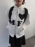 Kukombo Light Colour Vintage Patch Double Zip Up Cardigan for Women Harajuku Design Korean Style Letter Jacket Aesthetic Hoodies ootd outfit idea