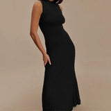 Kukombo Half Turtle Neck Knitted Dress Women's Sexy Sleeveless Solid Long Dress Tight Pleated High Waist Office Lady Long Dress