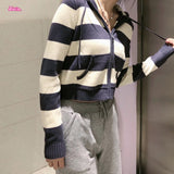 Kukombo Navy Blue Stripe Zipper Knitting Hoodie Slim Sweet Winter Sweater Cotton Blend Pocket Women Jackets Autumn Tops 2025 New